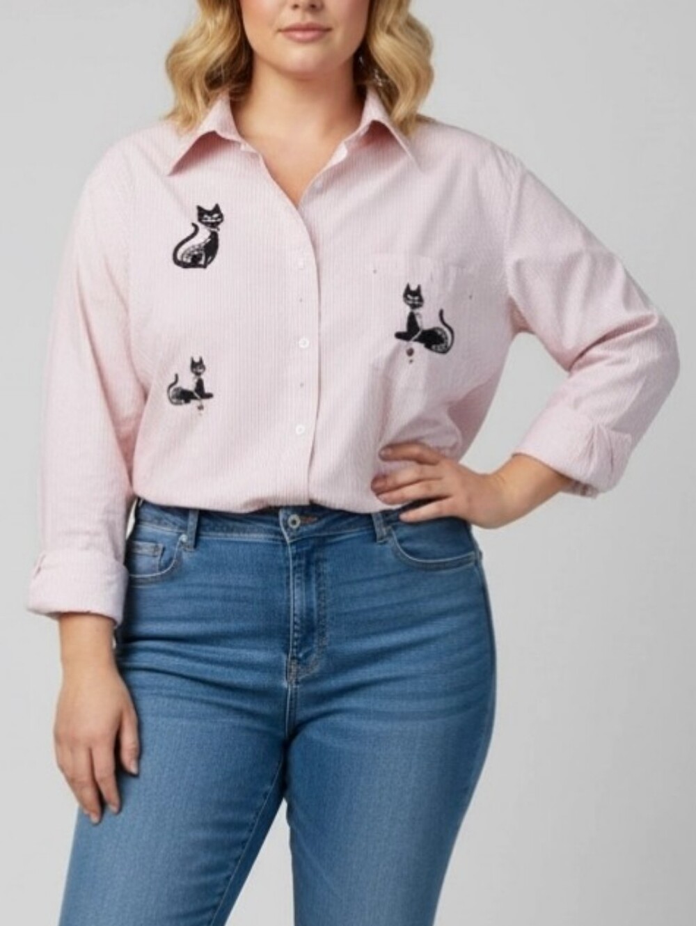 Fabrizio By Afiva Womens Cute Cats Button Up Blouse Sz XXL Pink & White Strips